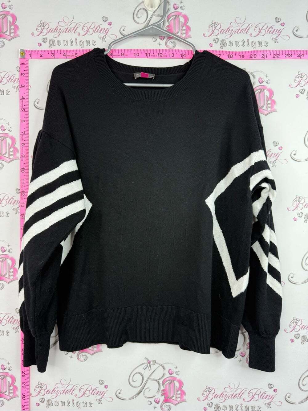 Vince Camuto Black Crewneck Sweater with White Stripe Accents
